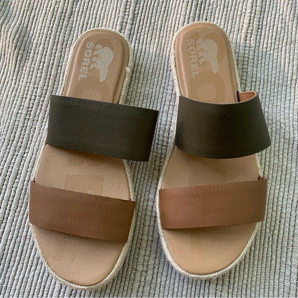 Sorel Shoes - Sorel Ella II Slide Sandals Flats Leather & Suede Straps Beige/Celery size 9